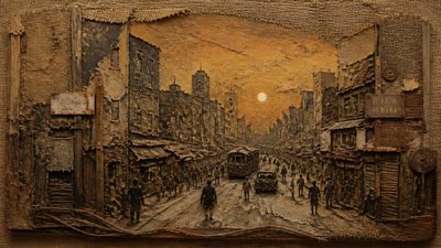 bustling city street panorama at dusk