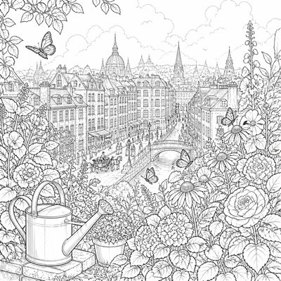 a garden scene with butterflies, flowers and a watering can, clean uncolored line art, no text
