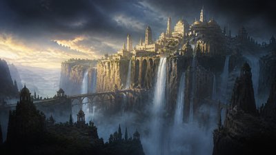 a cliffside city with waterfalls cascading into a misty canyon, wide establishing shot, no people, no text