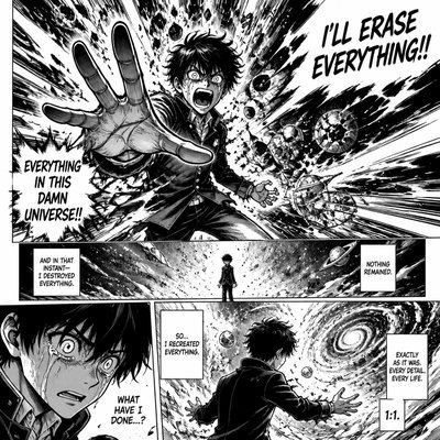 Main character just a normal student rages out and destroys the whole universe after that he realizes what he had done and recreates it 1:1.