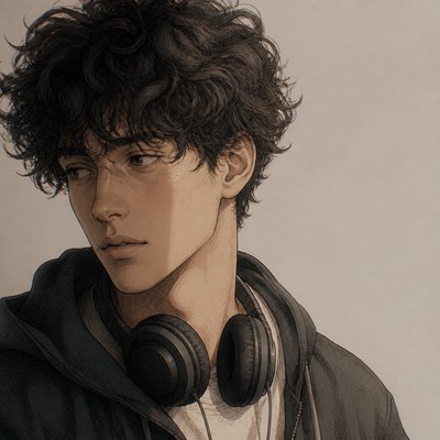 head-and-shoulders portrait of an original character: a young man with curly dark hair and headphones around his neck, plain backdrop, no text
