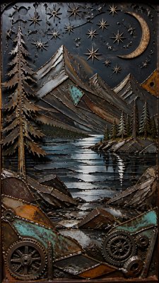 a tranquil mountain lake beneath a starry night sky, no people, no text