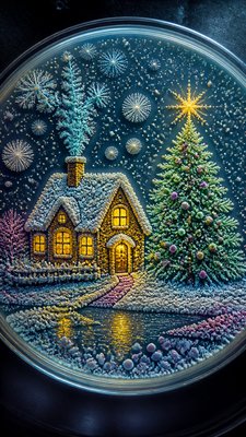 a snow-covered cottage with warm glowing windows beside a decorated pine tree, gentle snowfall, no text