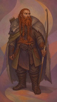 full-body original character: a dwarven ranger with a braided auburn beard, worn leather armor, a longbow and a wolf-pelt cloak, neutral background, no text