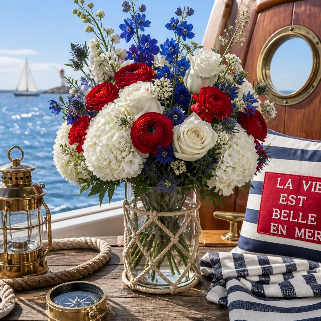 bouquet of flowers in a glass vase — Nautical Aesthetic