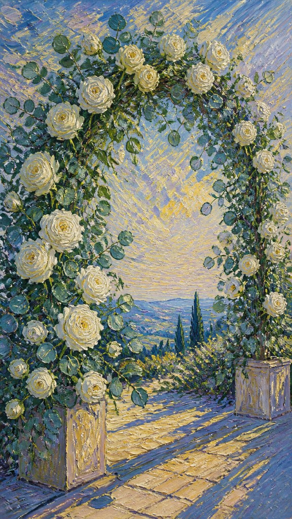 an arch of white roses and eucalyptus in soft morning light, elegant vertical composition with open space, no text