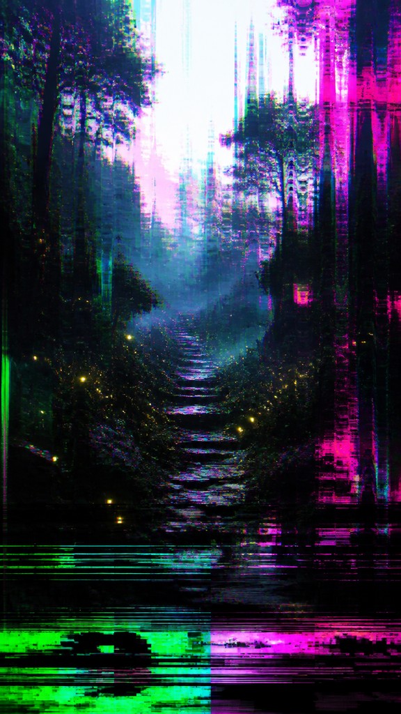 a mysterious forest path with fireflies and drifting mist, atmospheric vertical composition with open space at the top, no text
