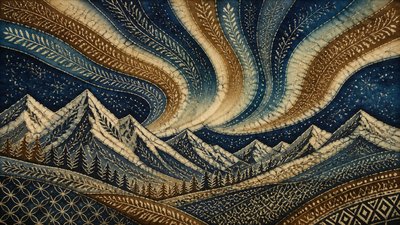 a flowing aurora over snowy peaks, wide sweeping composition, no people, no text