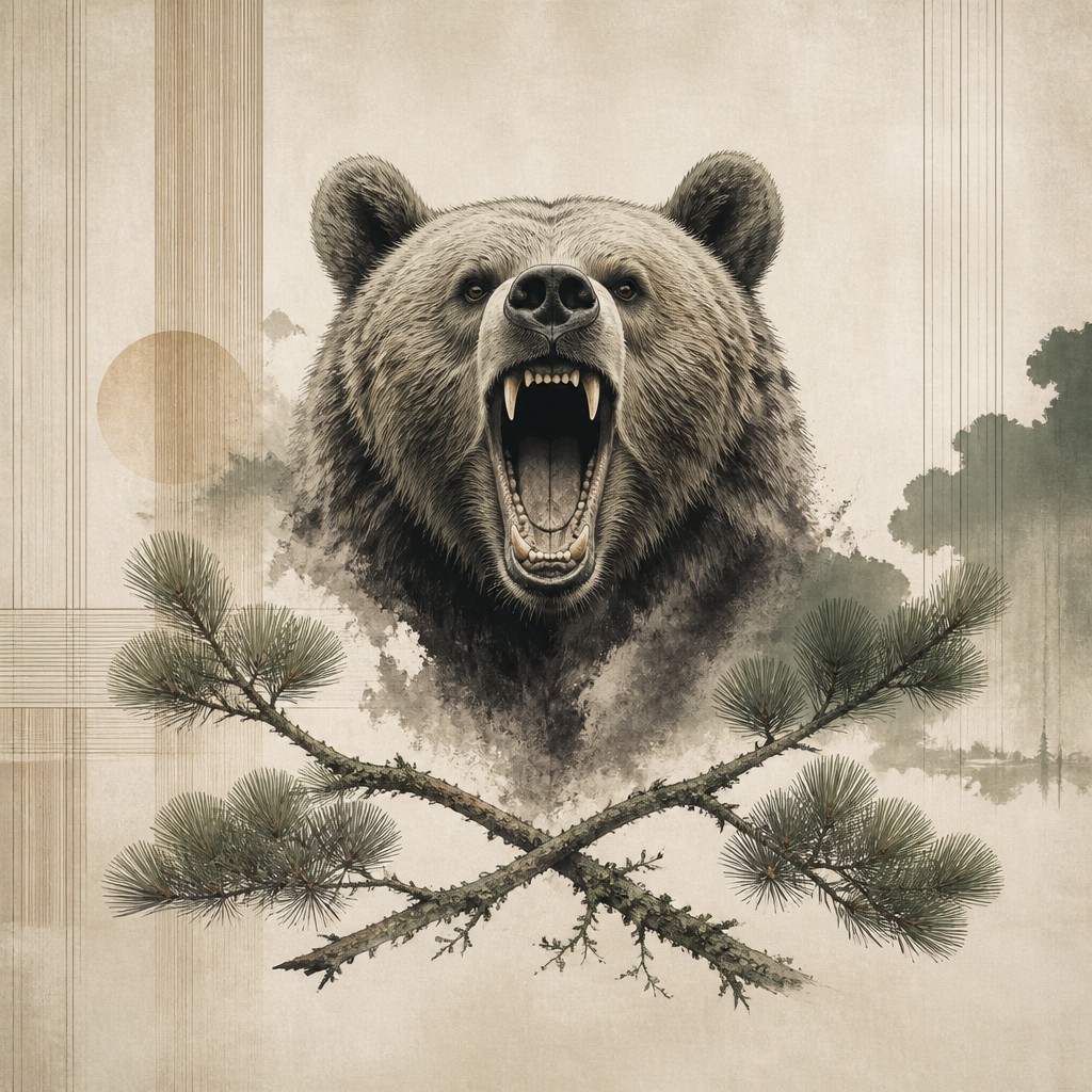 a roaring bear head above crossed pine branches, bold graphic composition on a plain background, no text
