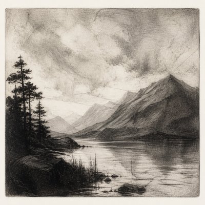 wide landscape with natural scenery — Drypoint Print Style