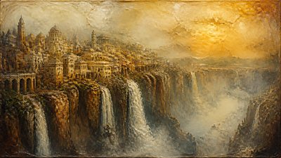 a cliffside city with waterfalls cascading into a misty canyon, wide establishing shot, no people, no text