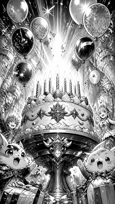 a birthday cake with lit candles surrounded by balloons and confetti, festive vertical composition, no text