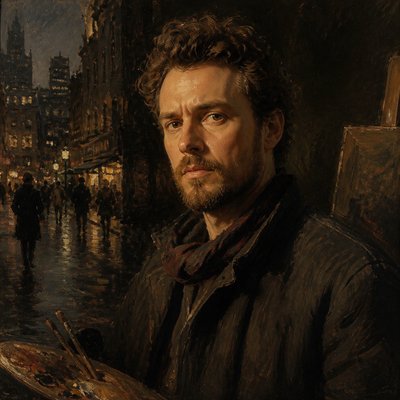 urban street with city activity — Self-Portrait Painting Style