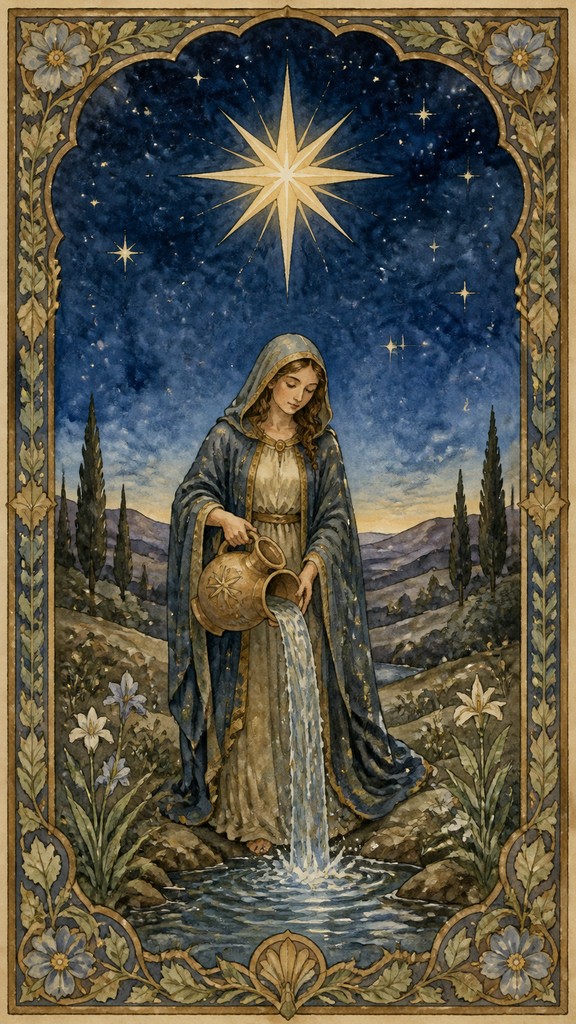 a robed figure pouring water beneath a large eight-pointed star in a night sky, symmetrical composition with an ornate decorative border, no text