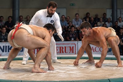two sumo wrestlers in a ring with a crowd watching