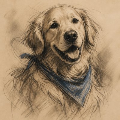 portrait of a golden retriever wearing a blue bandana, warm plain backdrop, no text