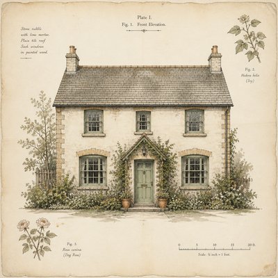 house with front view — Traditional Botanical Still Life Art Style