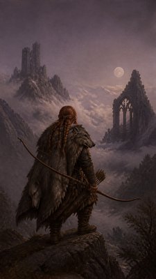 full-body original character: a dwarven ranger with a braided auburn beard, worn leather armor, a longbow and a wolf-pelt cloak, neutral background, no text