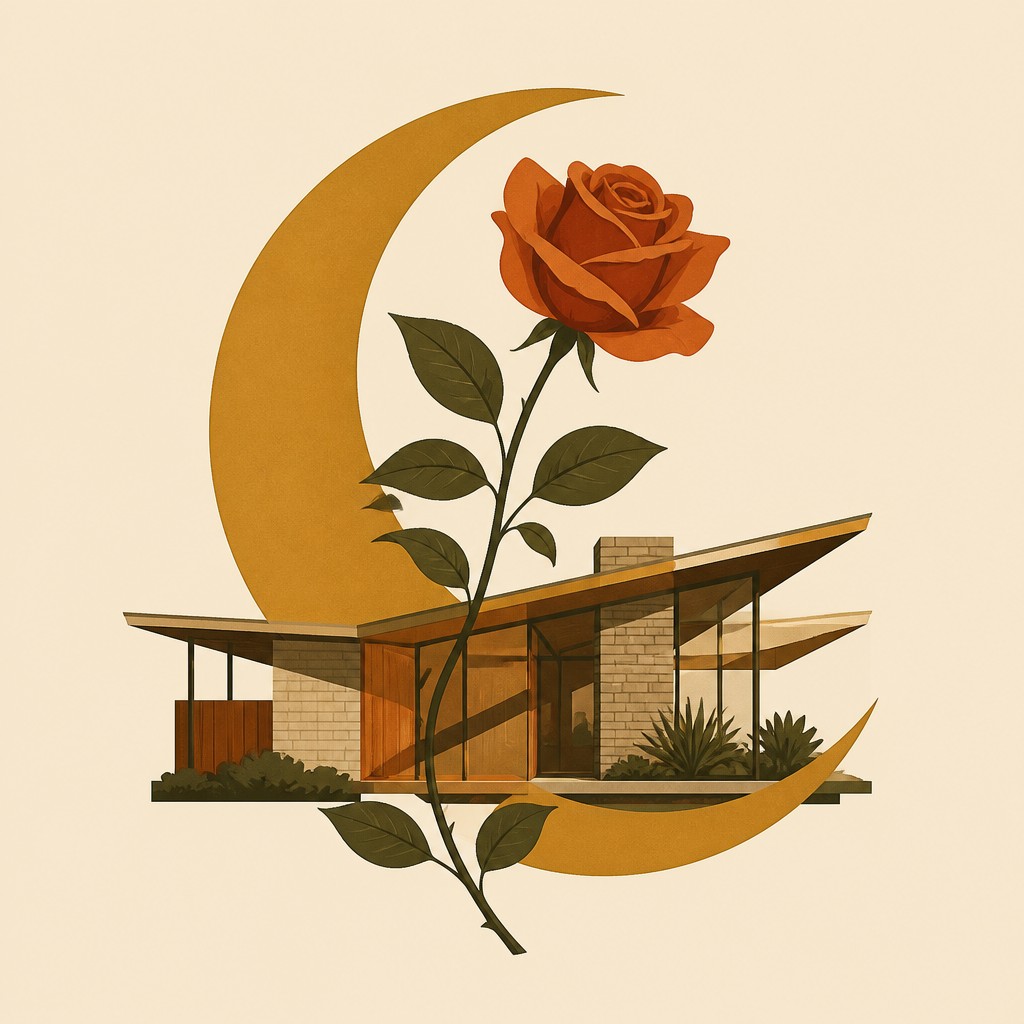 a rose entwined with a crescent moon, clean balanced composition on a plain background, no text