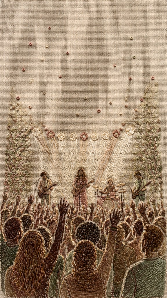 a live music scene with a glowing stage and silhouetted crowd, energetic vertical composition with open space at the top, no text