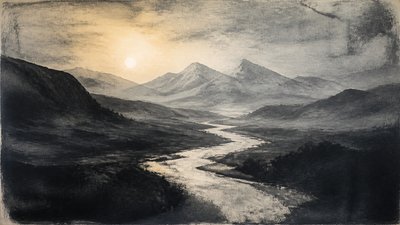 a vast valley with a river winding toward distant mountains at sunrise, no people, no text