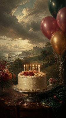 a birthday cake with lit candles surrounded by balloons and confetti, festive vertical composition, no text
