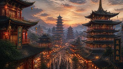 bustling city street panorama at dusk