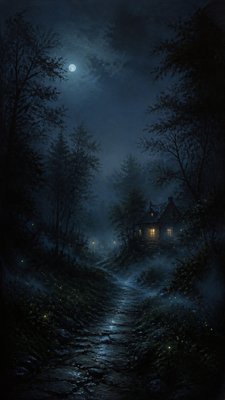 a mysterious forest path with fireflies and drifting mist, atmospheric vertical composition with open space at the top, no text