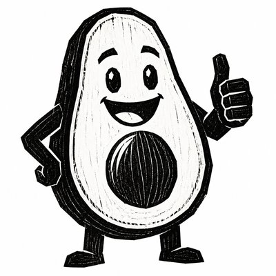 a happy avocado character giving a thumbs up, bold readable design on a plain background, no text