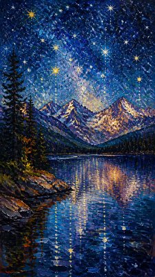 a tranquil mountain lake beneath a starry night sky, no people, no text