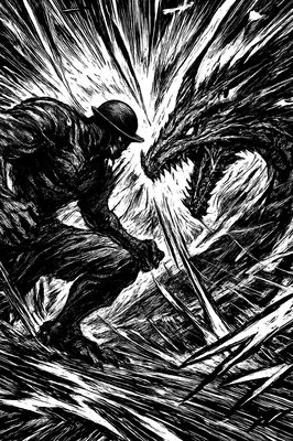 a black and white drawing of a man holding a knife
