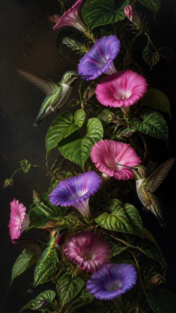 a climbing vine of flowers and hummingbirds on a dark background, tall wrapping composition, no text