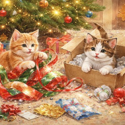 Soft Pastel Watercolor Style, Children's Storybook Illustration, a heartwarming scene under a decorated Christmas tree. Two fluffy kittens, one a ginger tabby and the other a calico, are joyfully playing in a chaotic pile of discarded Christmas wrapping paper, ribbons, and bows. The ginger kitten is tangled in a long piece of shiny red and green paper, batting at a curled ribbon. The calico kitten is pouncing from inside a torn open cardboard gift box, surrounded by crumpled tissue paper. Torn pieces of colorful wrapping paper (gold foil, snowman patterns, stripes) and empty gift tags are scattered everywhere on a plush rug. The Christmas tree above them is glowing with warm fairy lights and decorated with traditional ornaments. The background is a cozy living room with a fireplace.