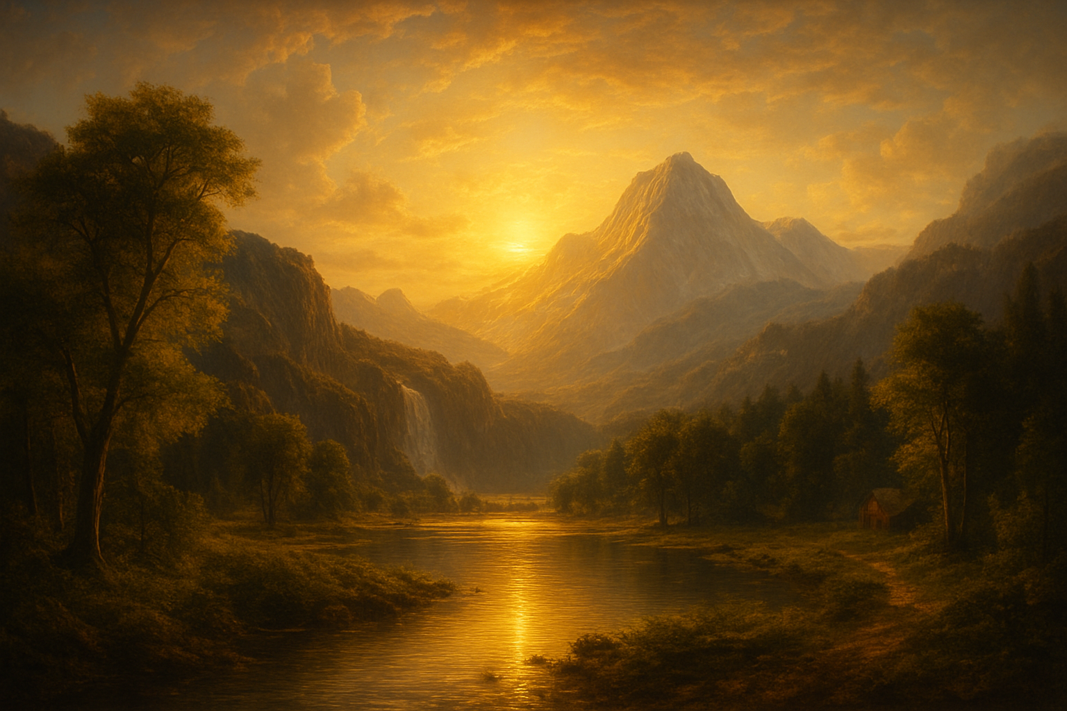 A majestic oil painting of an American landscape in the style of the Hudson River School, blending the epic vistas and vibrant atmospheric effects of Frederic Edwin Church with the heroic scale and dramatic light-shadow contrasts of Albert Bierstadt, infused with Luminist qualities of ethereal glow, soft atmospheric transitions, and concealed brushstrokes for a tranquil, meditative ambiance. Depict a vast river valley at dawn, with towering mountains in the distance, cascading waterfalls, lush forests, and a serene river reflecting golden sunlight; include subtle elements of human exploration such as a distant trail or cabin, rendered in intricate detail with rich colors, sublime grandeur, and divine illumination