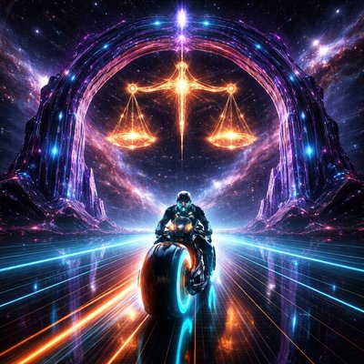 Neon-Futurism Digital Art Style, Bioluminescent Sci-Fi Cosmic Setting, Symmetrical Composition. A dynamic shot from directly behind a lone rider speeding into the deep cosmos.

The Rider & Bike Direction: A futuristic, hubless "light-cycle" sportbike (with glowing cyan and orange wheel rings and chassis lighting) is speeding away from the camera. The rider, wearing a matching full-coverage glowing armored suit and helmet, is seated correctly facing forward, leaning into the speed.

The Action (Entering the Gateway): The motorcycle and rider are just entering beneath a monumental cosmic archway that spans the entire glowing blue laser-grid highway.

The Libra Arch structure: The massive archway is constructed of towering, glowing violet and deep blue digital circuitry and crystallized stardust. Hanging majestically from the center of the archway's lintel, directly above the rider's path, is a gigantic set of balanced Cosmic Scales, composed of radiant golden energy and concentrated star clusters.

Atmosphere: The neon trails of the bike reflect on the glossy grid road surface. The background is infinite space filled with geometric stars.