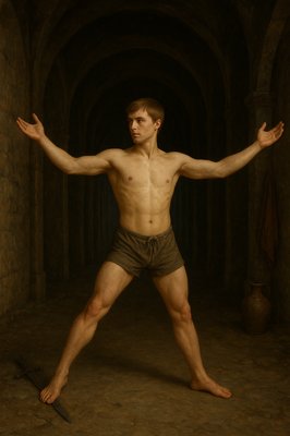 a man with no shirt standing in a tunnel