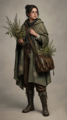 full-body original character: a wandering botanist with a satchel of plants, a patched green cloak, tall boots and round glasses, neutral background