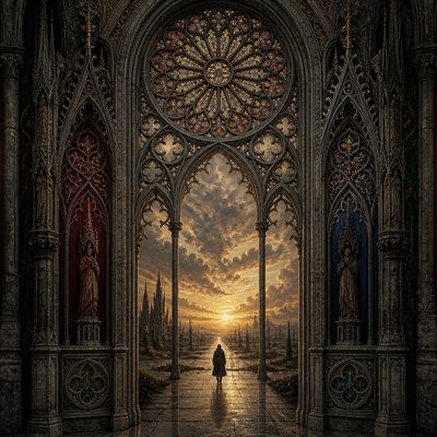 a solitary figure walking toward a glowing horizon across an empty plain, moody atmosphere, no text or lettering