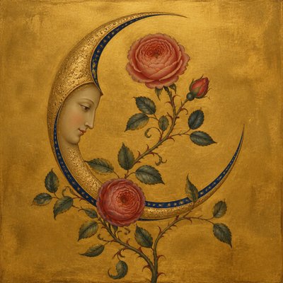 a rose entwined with a crescent moon, clean balanced composition on a plain background, no text
