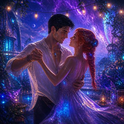 an original couple dancing under string lights in a garden at dusk: a man with short black hair in a linen shirt and a woman with braided red hair in a summer dress