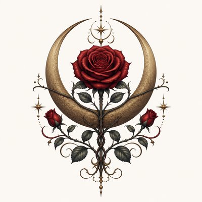 a rose entwined with a crescent moon, clean balanced composition on a plain background, no text