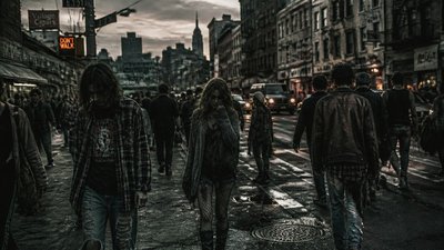 bustling city street panorama at dusk