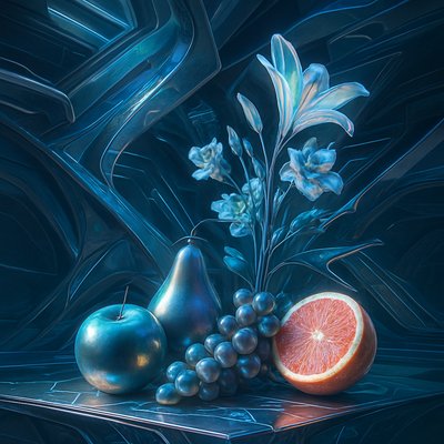 still life arrangement of fruits and flowers