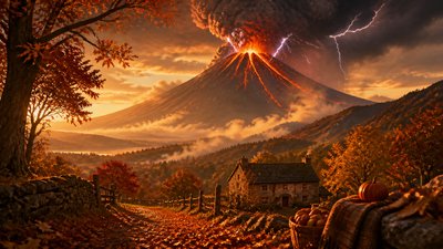 an erupting volcano with lightning strikes, dramatic wide composition, no text