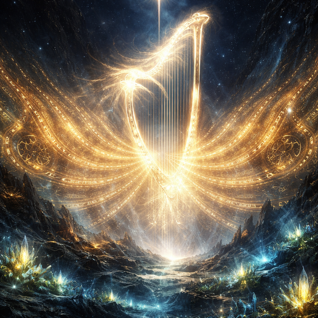 Style: Epic Sacred Art meets Cinematic Sci-Fi. A fusion of Gustave Doré’s dramatic scale with modern bioluminescent light-mapping. High contrast and majestic atmosphere.
The Source: In the center of the frame, a colossal, ancient Harp made of shimmering white-gold energy (representing the strings of creation). It is not played by a human, but by a "mighty hand of light" or simply by a "divine wind" moving through the strings.
The Frequency (Positive Force): From the vibrating strings, visible "Sound-Waves of Light" radiate outward in perfect, mathematical symmetry.
The Appearance: These waves are composed of flowing golden Hebrew letters and Sacred Geometric patterns (like the Flower of Life or Fibonacci spirals) that pulse with a warm, amber glow.
The Motion: The waves look like liquid gold ripples in the air, creating a "dome of protection and life."
The Impact (The Healing Force): The background is a chaotic, dark void or a shattered, grey stone landscape. Where the golden frequency ripples touch:
The Void Becomes Form: The darkness organizes itself into beautiful, crystalline structures and lush, glowing flora.
Resurrection: Any withered or broken elements in the scene begin to knit back together, glowing with a soft blue and gold "repair" energy.
Atmosphere: Microscopic "sparkles" of light (like stardust) dance within the waves, representing the "joy" of the frequency.
Lighting: A singular, brilliant source of light from above (The North Star/Regulus) feeds energy into the harp, showing that the frequency has a celestial origin. The colors are dominated by Gold, Deep Indigo, and Electric Cyan.