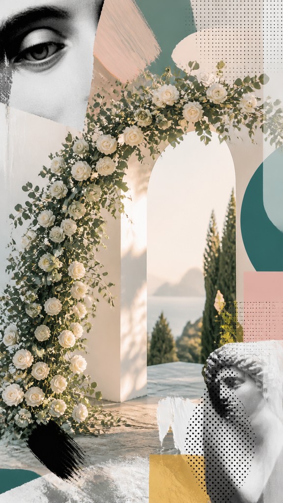 an arch of white roses and eucalyptus in soft morning light, elegant vertical composition with open space, no text