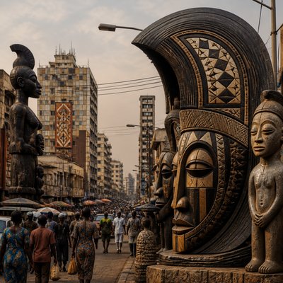 urban street with city activity — Guinean Art Style