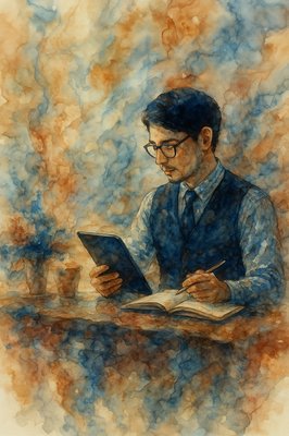 a painting of a man sitting at a table with a book