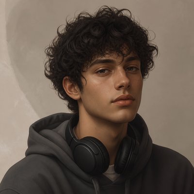 head-and-shoulders portrait of an original character: a young man with curly dark hair and headphones around his neck, plain backdrop, no text