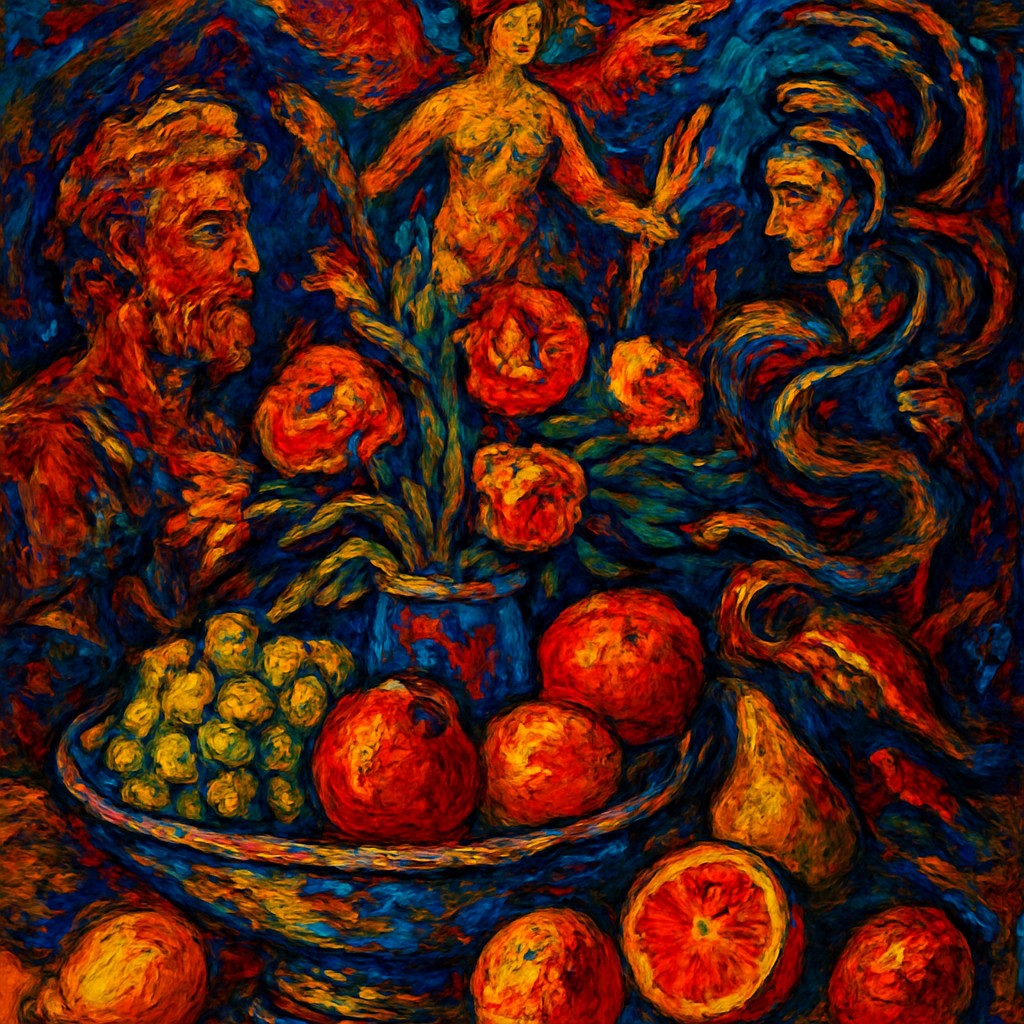 still life arrangement of fruits and flowers